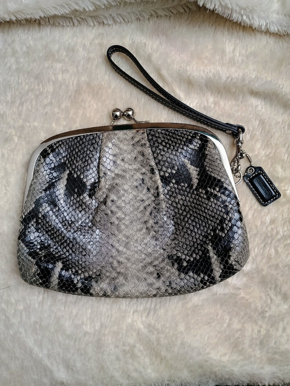 Coach Gray and Black Snakeskin Embossed Kisslock Framed Wristlet